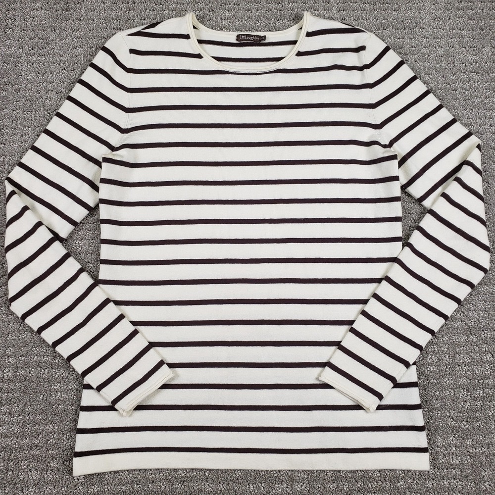 J McLaughlin Sweater Womens (XS) Cream Black Striped Crewneck Pullover Nautical
